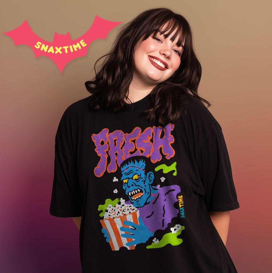 "FrankenFresh" Frankenstein Popcorn T-shirt, on model