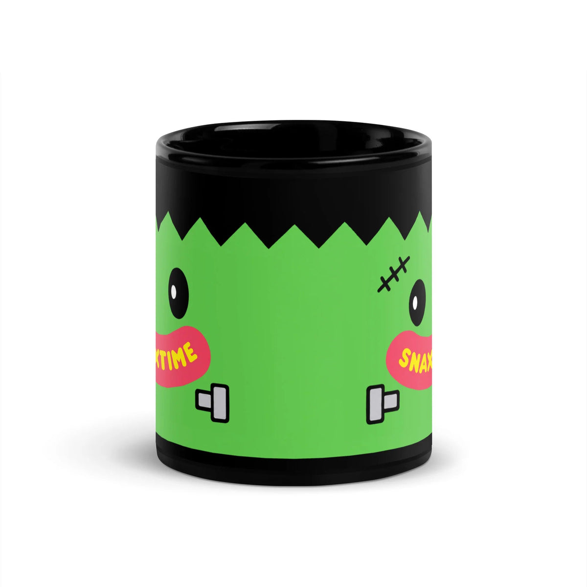 Front of the black mug, where the green band with a jagged black hairline wraps between the two faces.