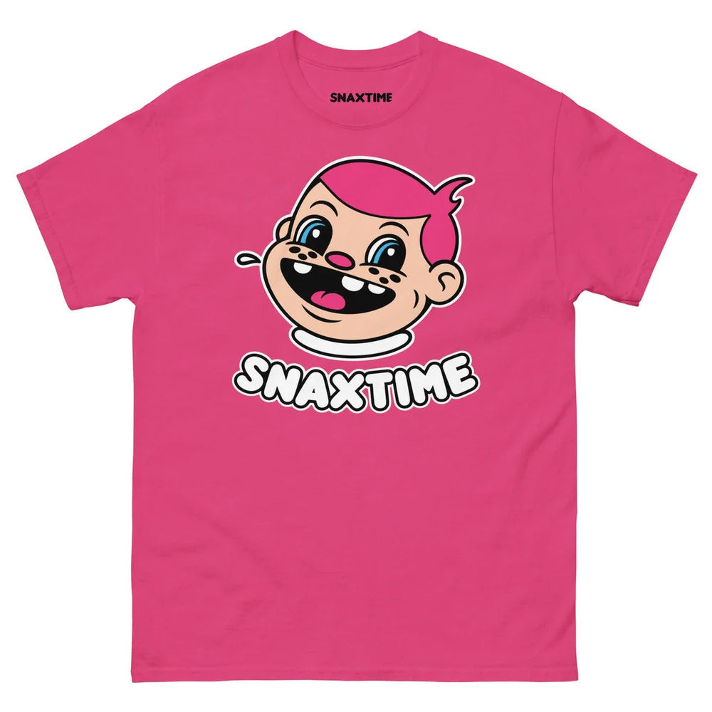 Bubblegum pink unisex t-shirt printed with the Snaxtime mascot, a grinning cartoon kid with pink hair, above bold SNAXTIME lettering outlined in white.