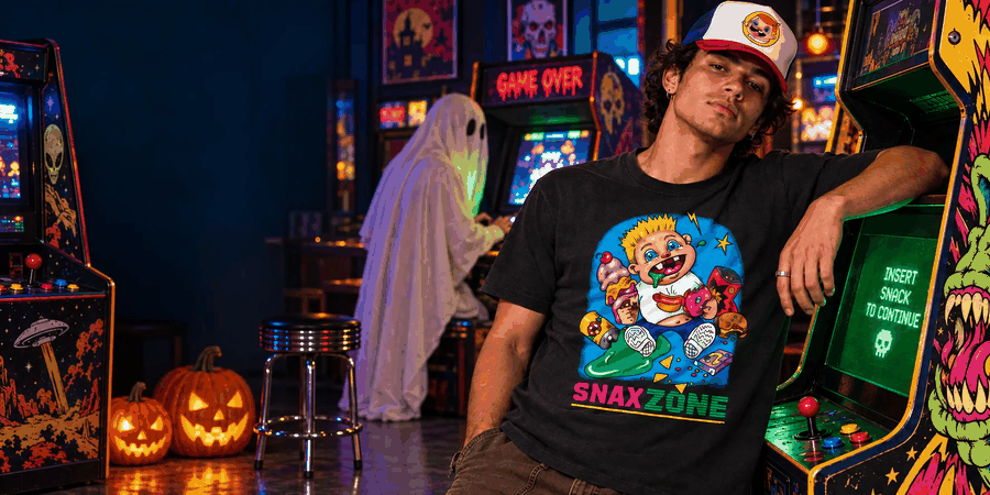 Model wearing the Snax Zone graphic tee in a Halloween arcade