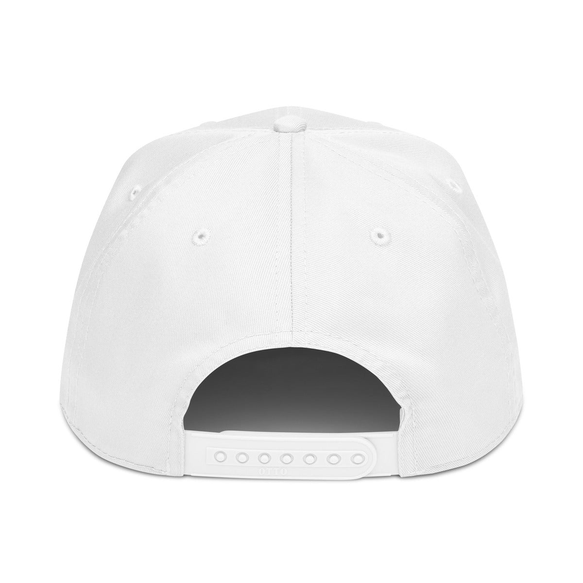 Back view of the white Snaxtime cap showing the adjustable plastic snap closure.