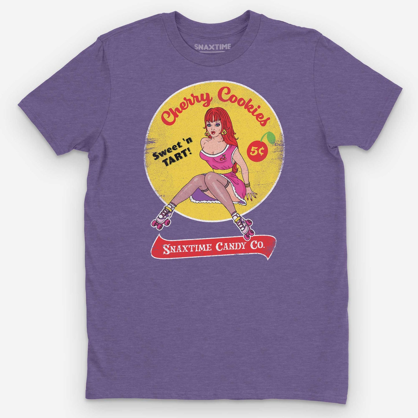 Heather Purple Cherry Cookies Retro Comic Pinup Graphic T-Shirt by Snaxtime