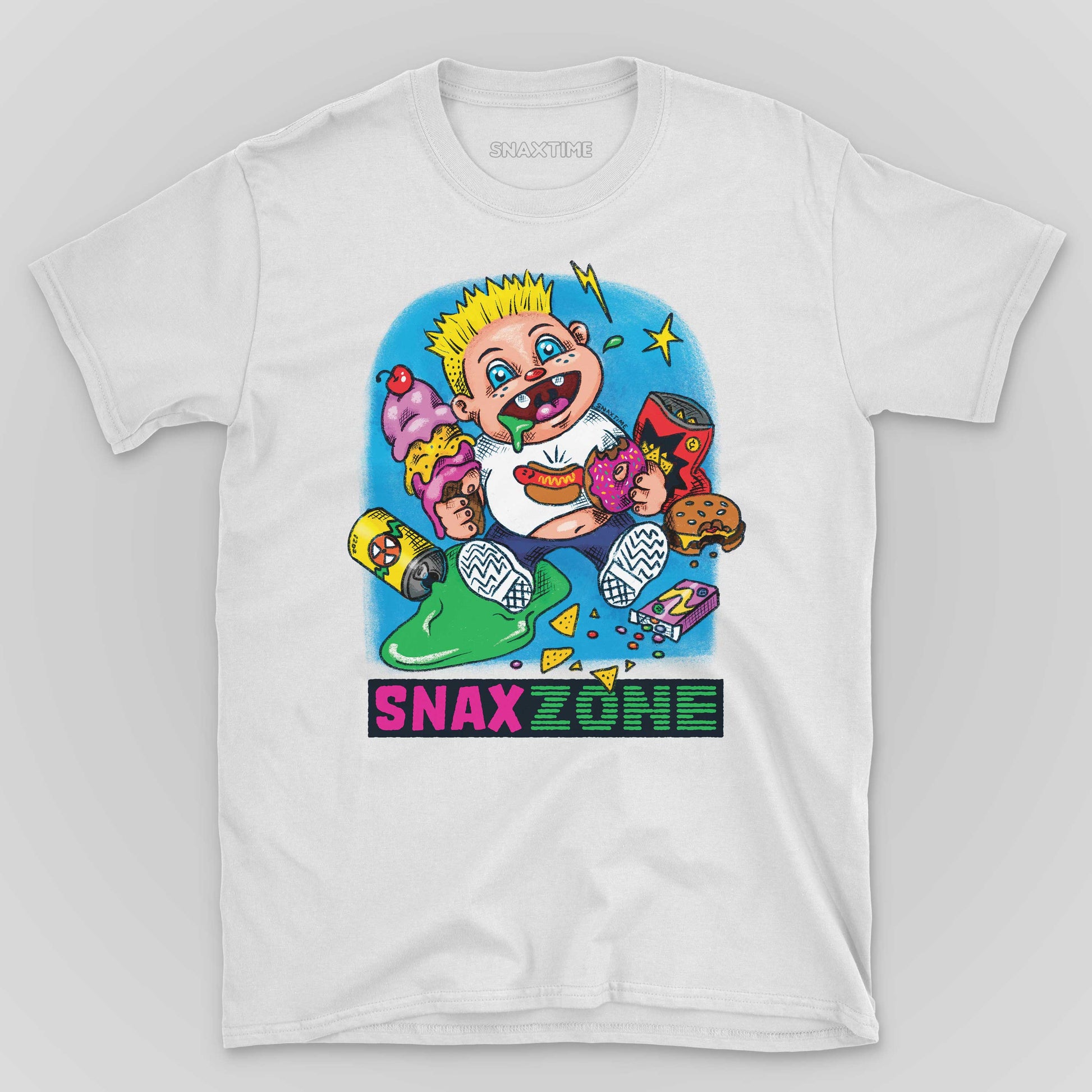 White Snax Zone Cartoon Junk Food T-Shirt by Snaxtime