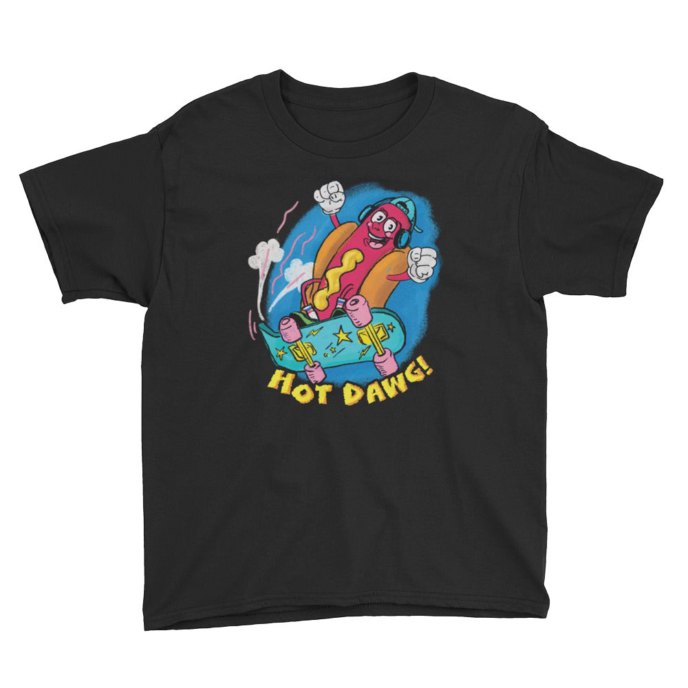 Black Retro Cartoon Hot Dog Youth Short Sleeve T-Shirt by Snaxtime