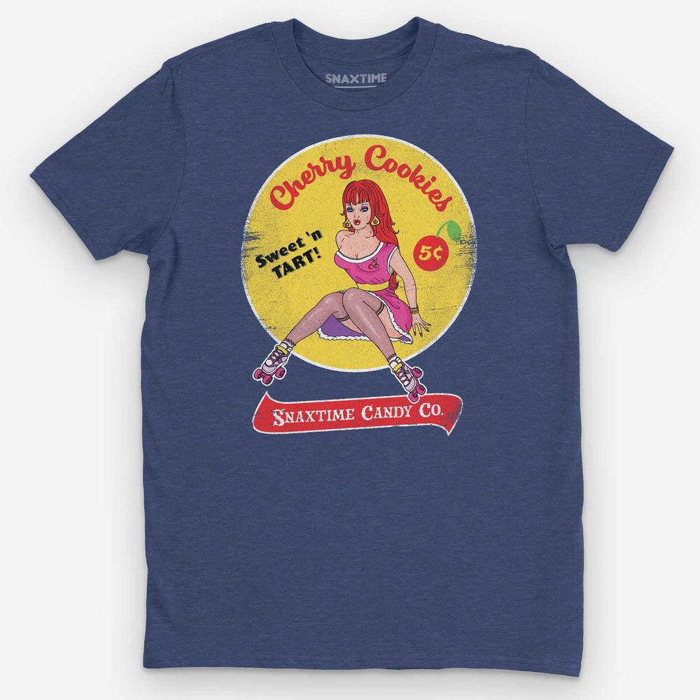 Heather navy t-shirt with a Cherry Cookies pinup skater, 5-cent badge, and red banner