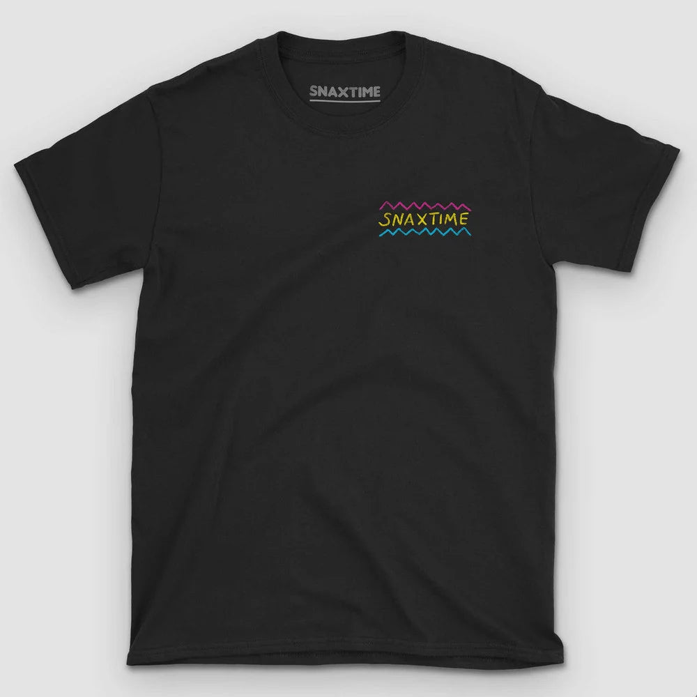 Front of a black t-shirt with a small neon zigzag SNAXTIME logo on the chest