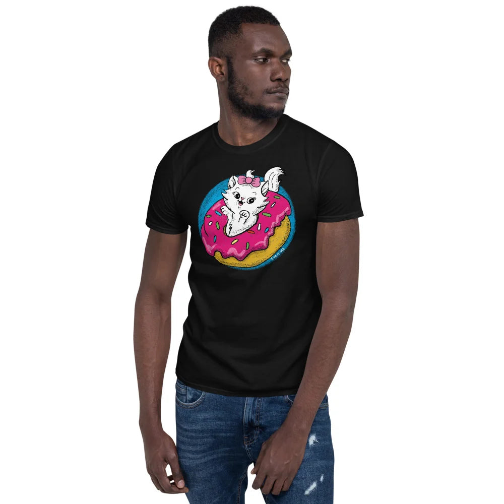 Person wearing the black Donut Kitty tee with jeans, angled front view