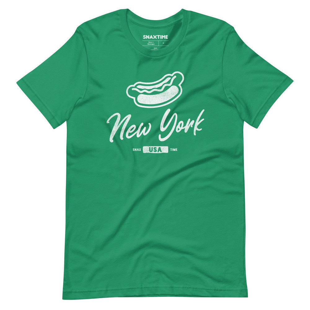 Kelly green t-shirt with a white hot dog outline and New York script lettering