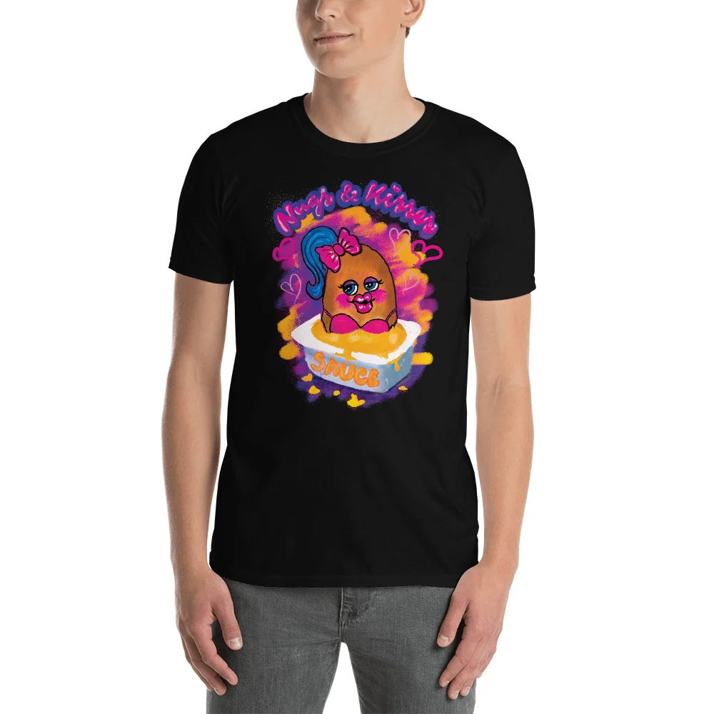 Person wearing a black t-shirt with a smiling chicken nugget girl in a sauce cup