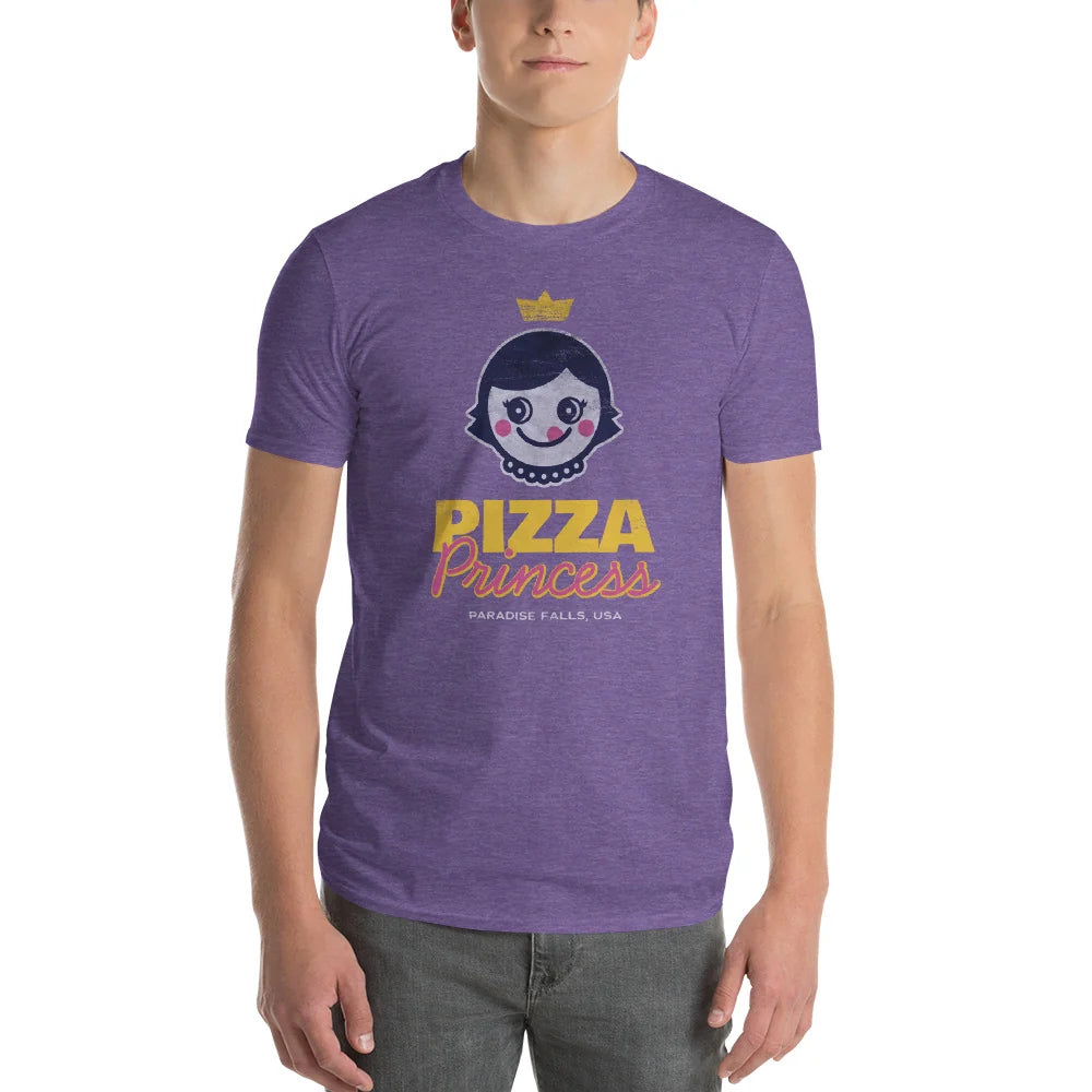Person wearing a heather purple t-shirt with a crowned cartoon girl and "Pizza Princess"