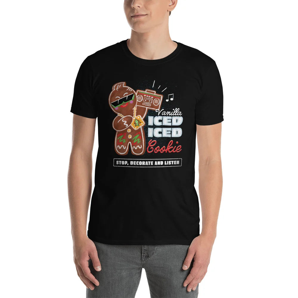Person wearing a black t-shirt with a sunglasses-wearing gingerbread man and Vanilla Iced Iced Cookie text