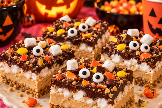 Monster Mud Bars with Nutter Butter crust, peanut butter filling, marshmallows, chocolate and candy eyes on a Halloween party platter.