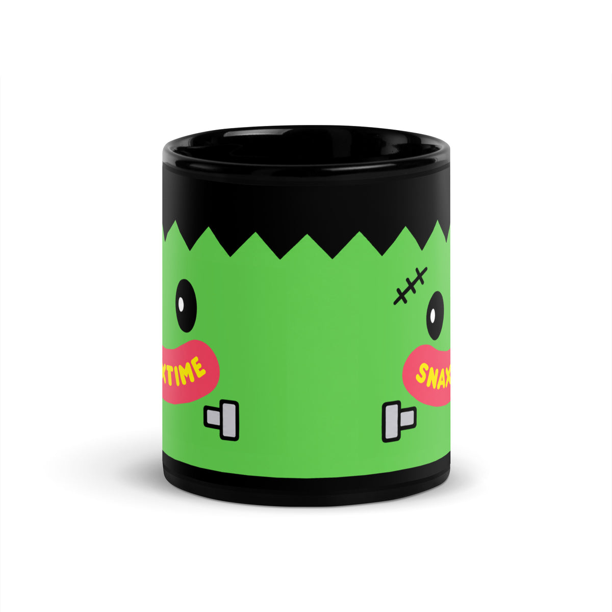 Front of the black mug, where the green band with a jagged black hairline wraps between the two faces.