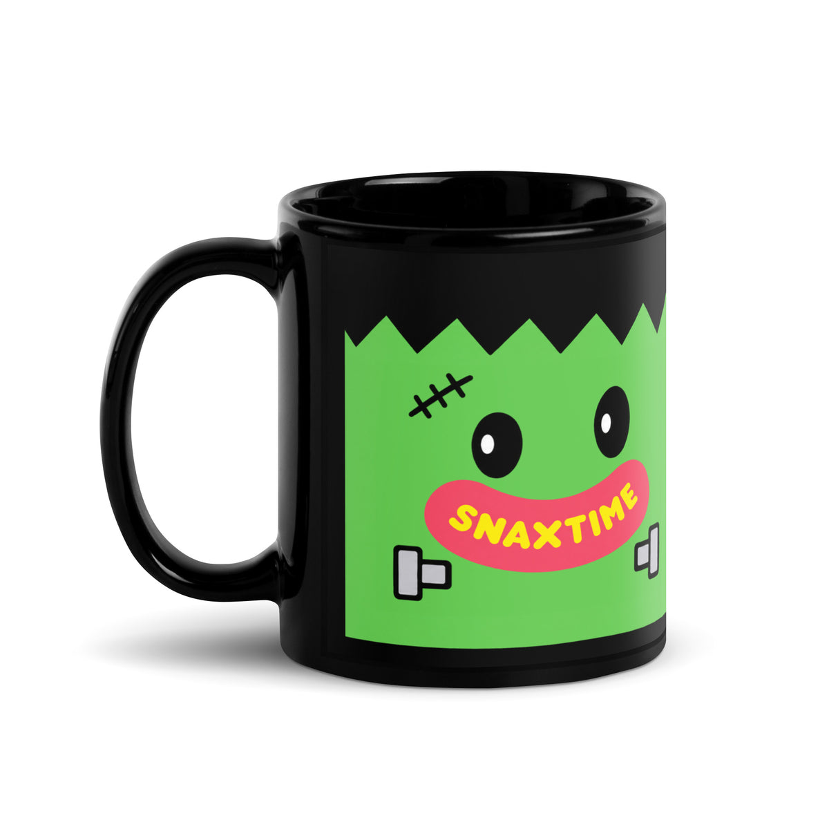 Handle-left view of the black Frankenstein mug, with the same green face printed on the other side.