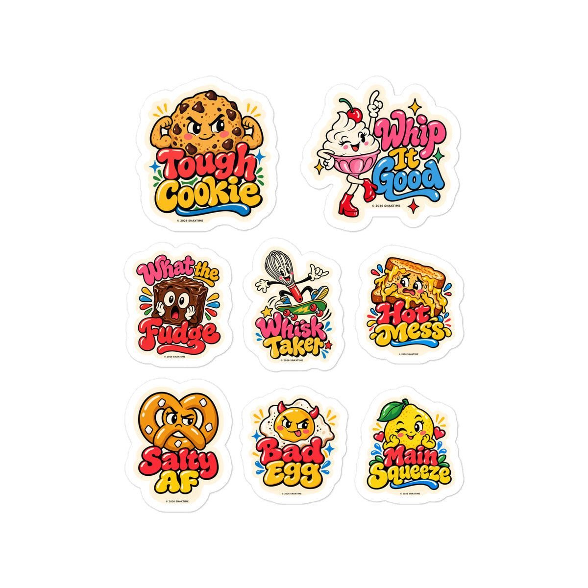 Sticker sheet of eight retro cartoon food characters, including a cookie, a sundae, a pretzel and a winking lemon.