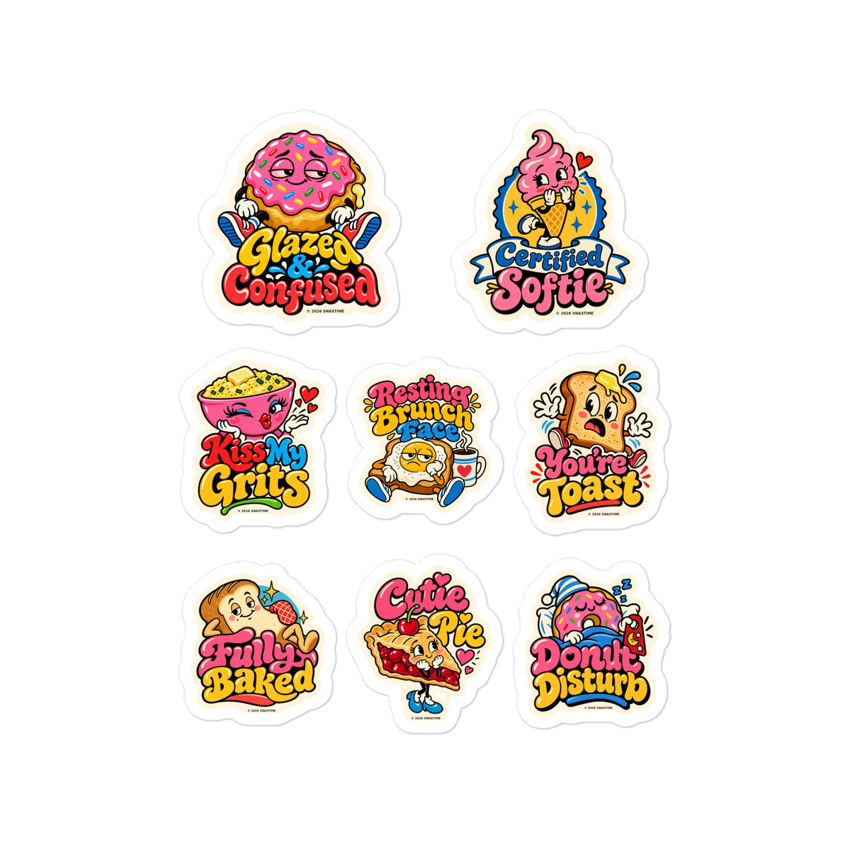 Sticker sheet of eight retro cartoon breakfast and sweets characters, including a donut, toast, grits and cherry pie.