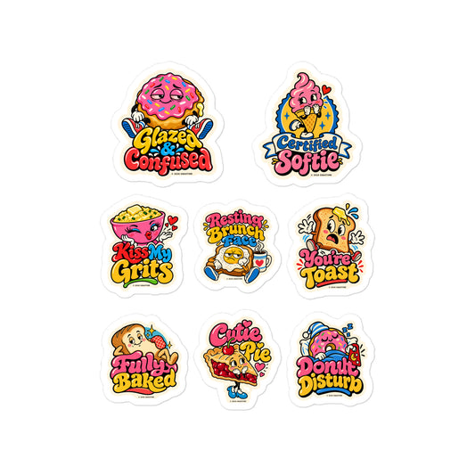 Sticker sheet of eight retro cartoon breakfast and sweets characters, including a donut, toast, grits and cherry pie.