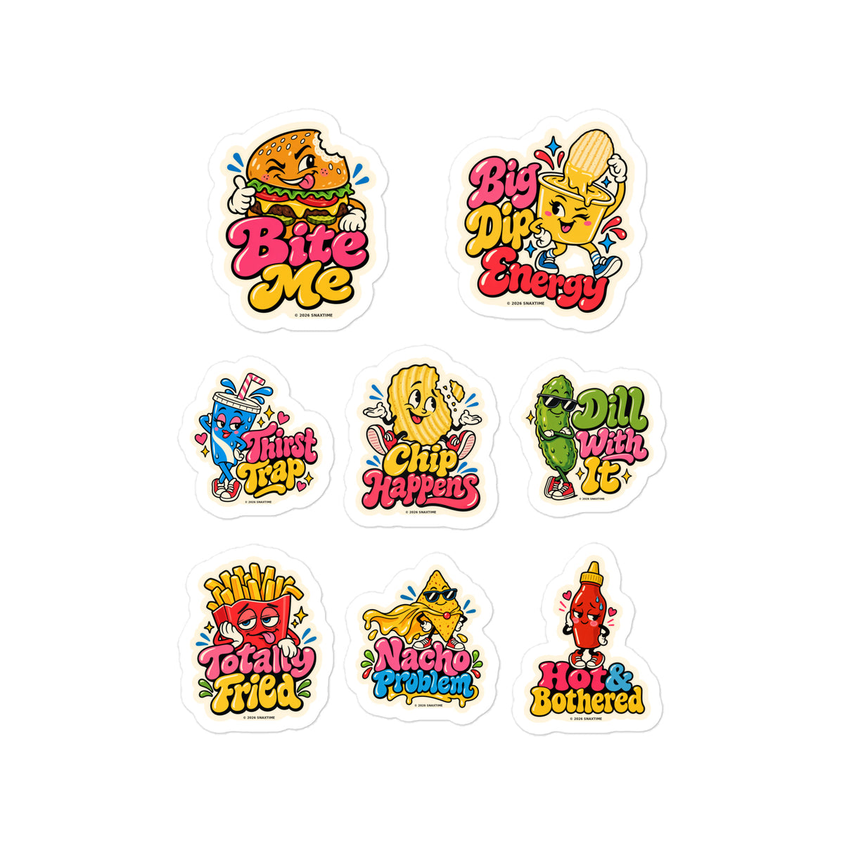 Sticker sheet of eight retro cartoon fast food characters, including a cheeseburger, fries, a pickle and a hot sauce bottle.