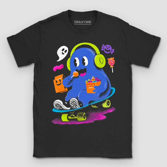 Black unisex Snaxtime t-shirt with neon Halloween artwork: a blue ghost in lime headphones riding a skateboard, eating a lollipop and holding a Snaxtime bag of candy, surrounded by a small white ghost, gummy worm, wrapped candies and a trick-or-treat bag.
