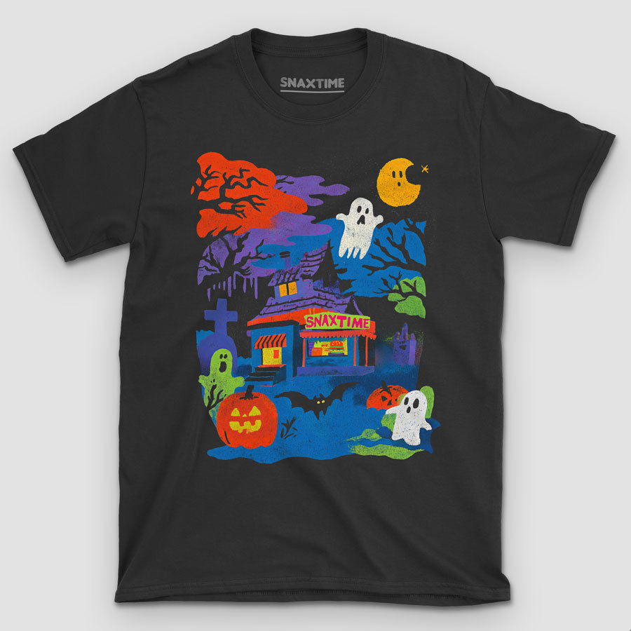 Black t-shirt with a haunted Snaxtime snack stand, ghosts, bats and a jack-o'-lantern