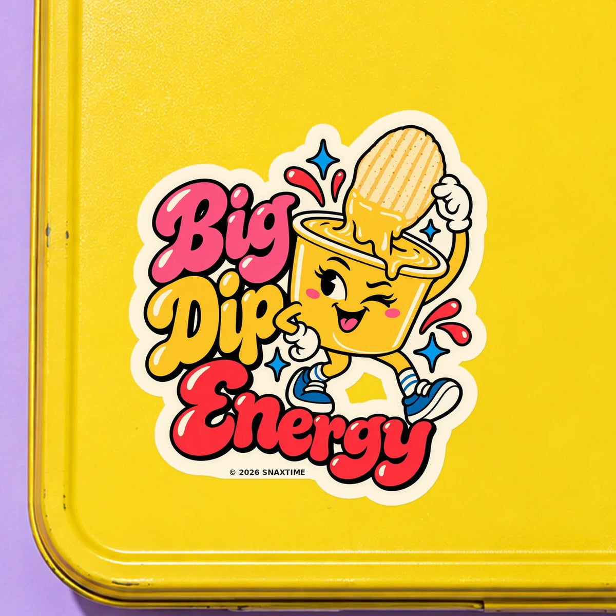 Close-up of the Snaxtime “Big Dip Energy” sticker on a snack tin; part of Food Pun Sticker Sheet Set 2.