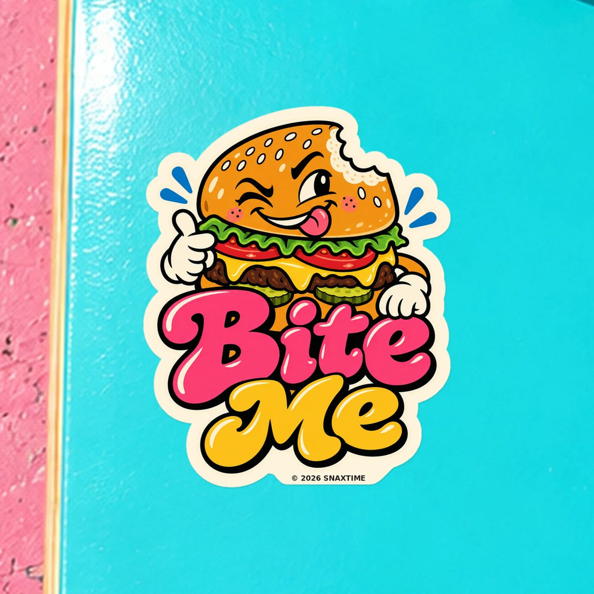 Close-up of the Snaxtime “Bite Me” sticker on a skateboard; part of Food Pun Sticker Sheet Set 2.