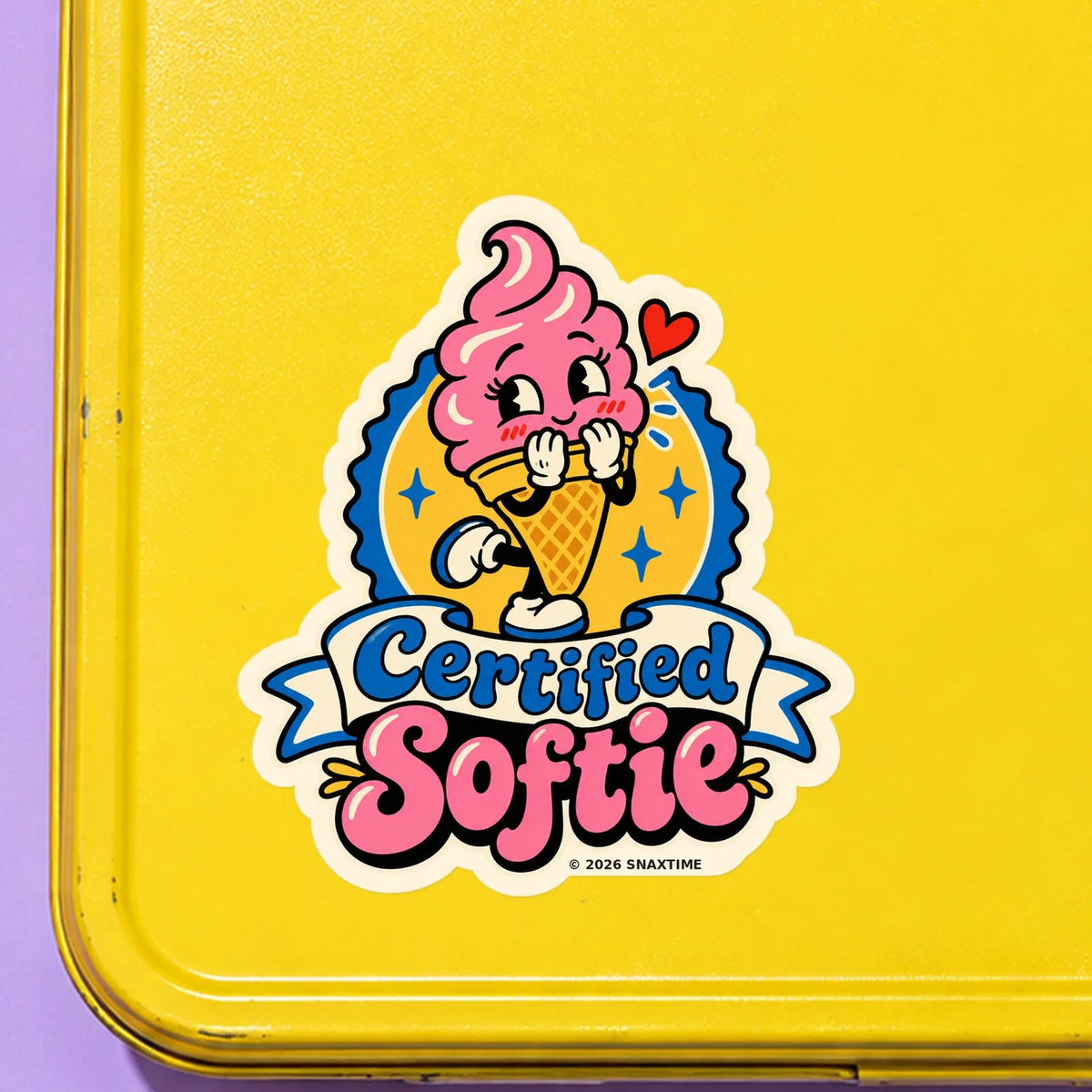 Close-up of the Snaxtime “Certified Softie” sticker on a snack tin; part of Food Pun Sticker Sheet Set 1.