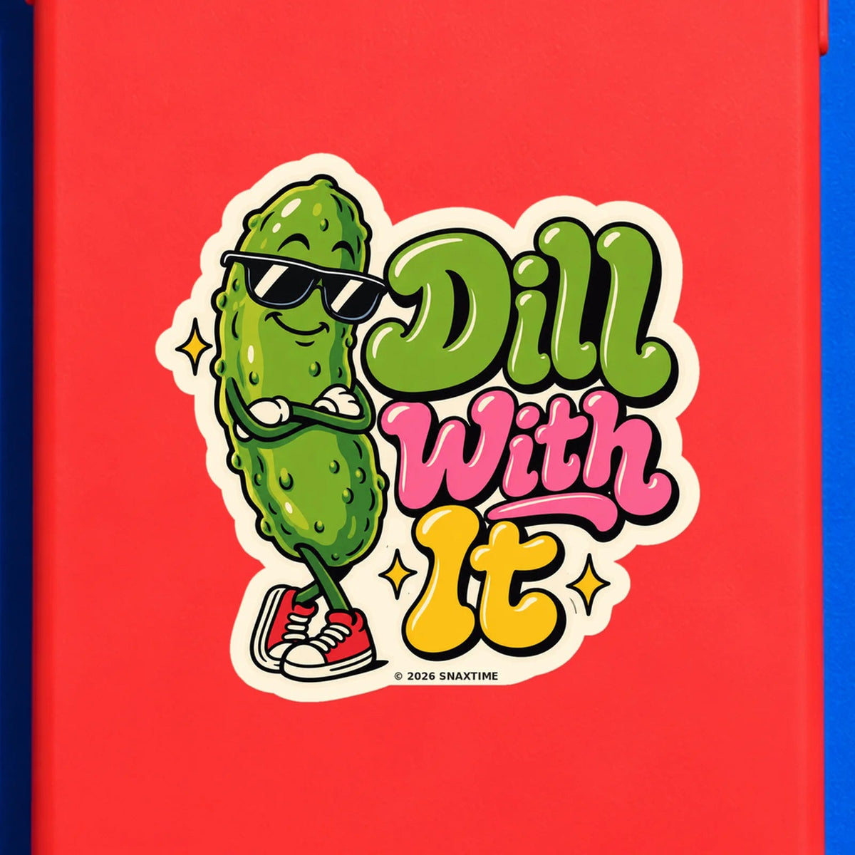 Close-up of the Snaxtime “Dill With It” sticker on a phone case; part of Food Pun Sticker Sheet Set 2.
