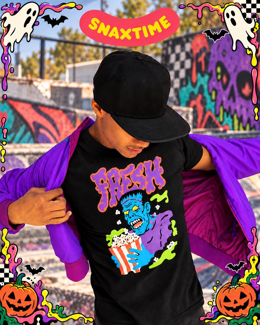 Skater at a graffiti skatepark wearing the black FrankenFresh tee with a neon Frankenstein monster eating popcorn
