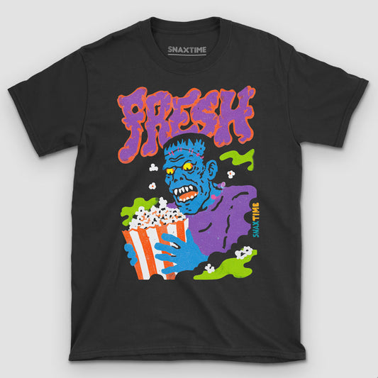Black t-shirt with a neon Frankenstein monster eating popcorn
