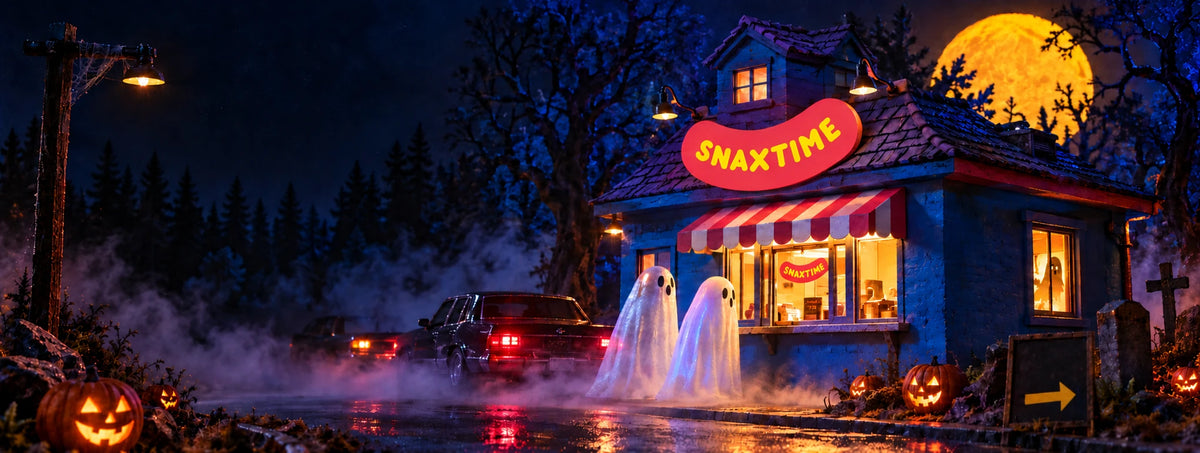 Ghosts visiting the Snaxtime snack shack on a moonlit Halloween night.