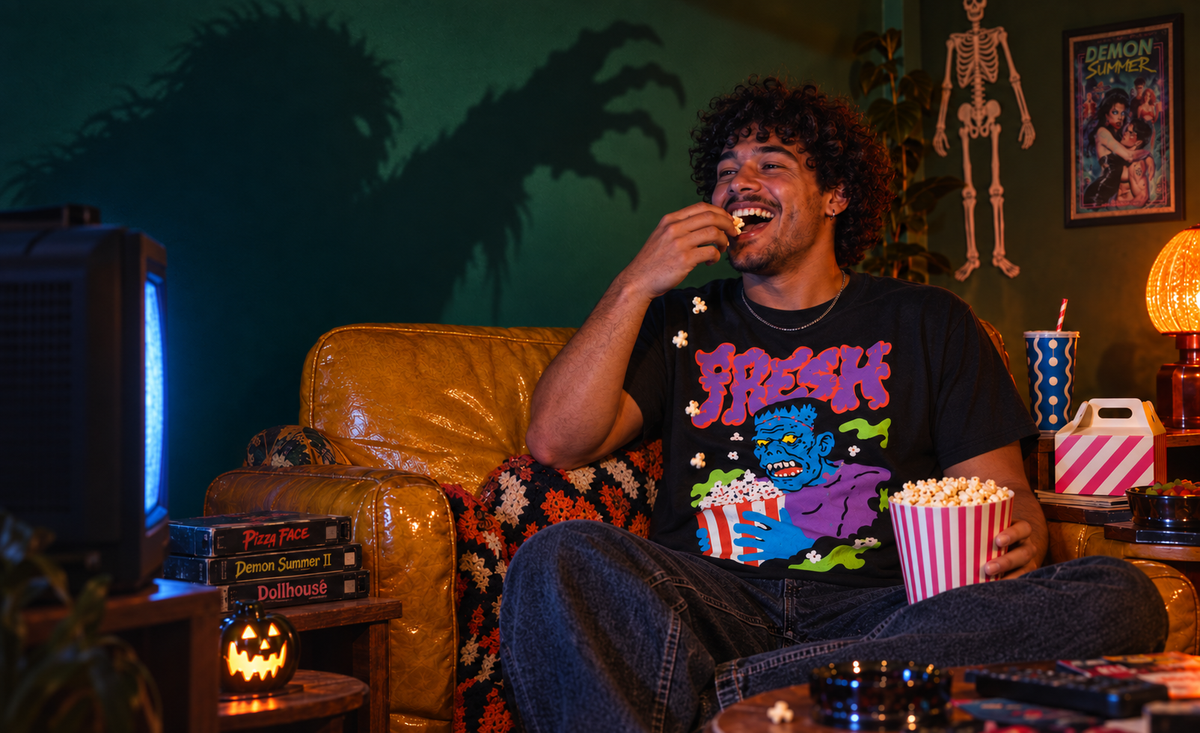 A man in a Frankenfresh tee eats popcorn beside a vintage TV with a creepy monster shadow on the wall.