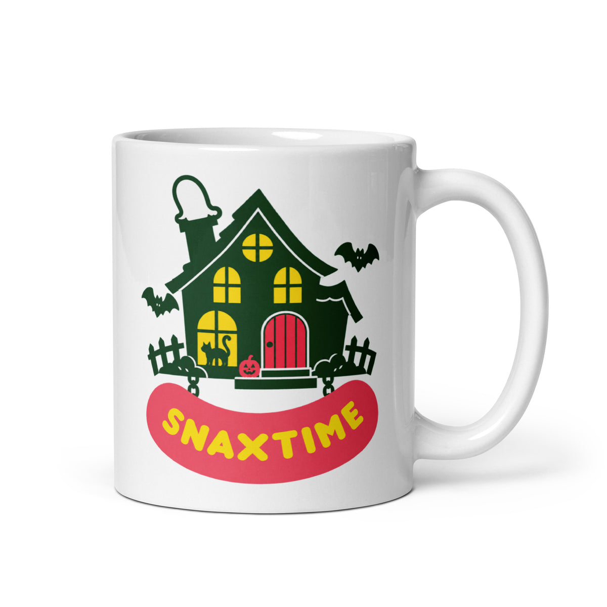 Back of the mug: the same haunted house with a cat in a lit window, a jack-o’-lantern by the door and bats.