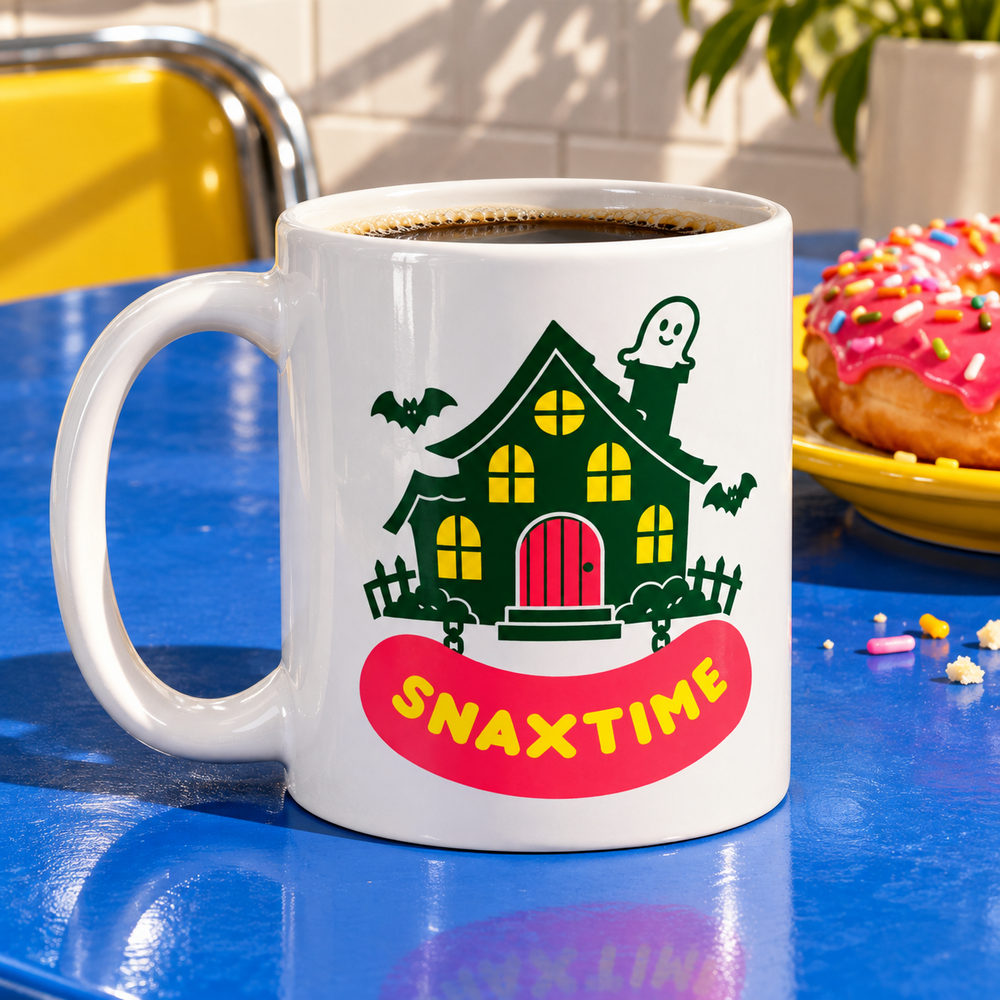 White Snaxtime Haunted House 11 oz mug filled with coffee on a blue table beside a pink-frosted donut.
