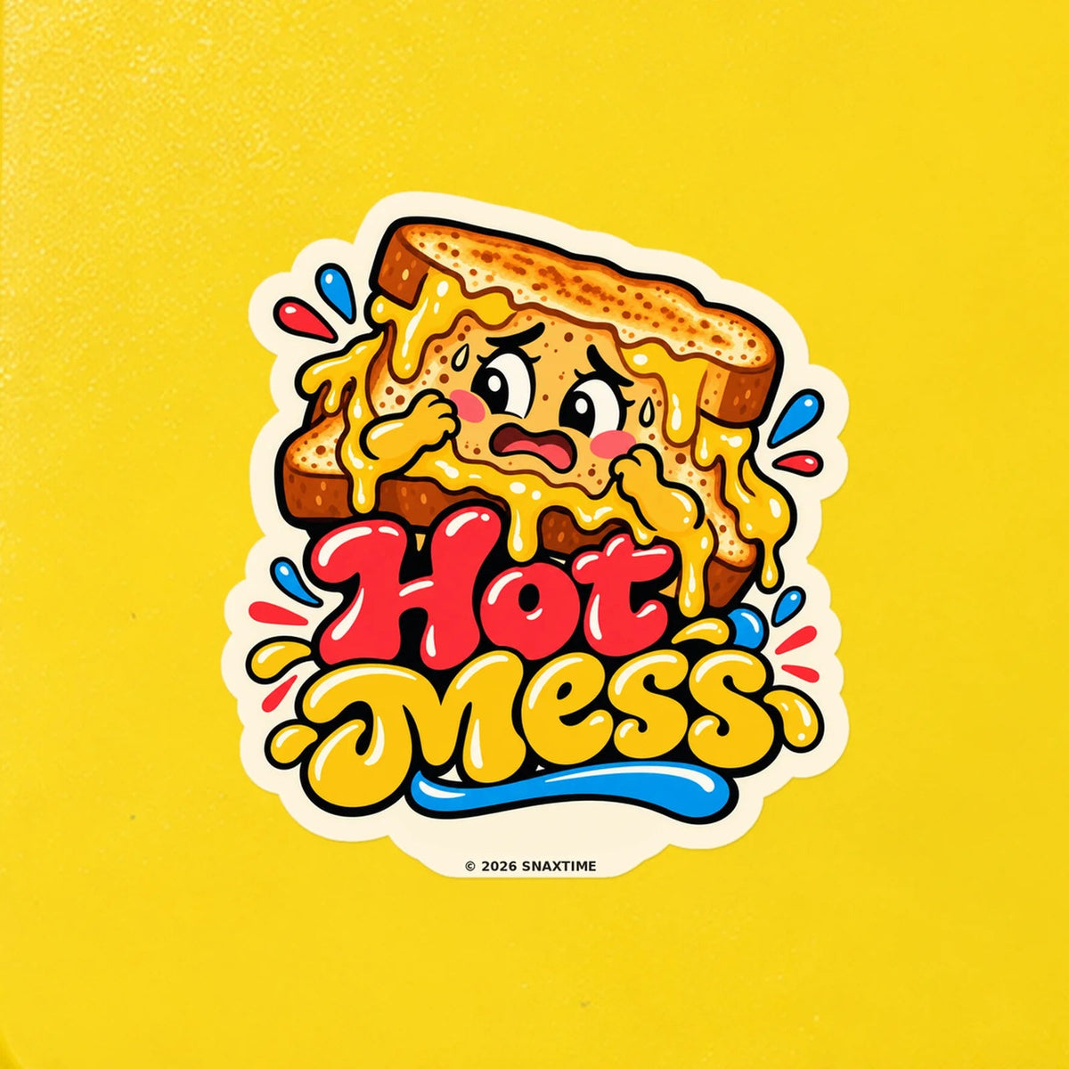 Close-up of the Snaxtime “Hot Mess” sticker on a snack tin; part of Food Pun Sticker Sheet Set 3.