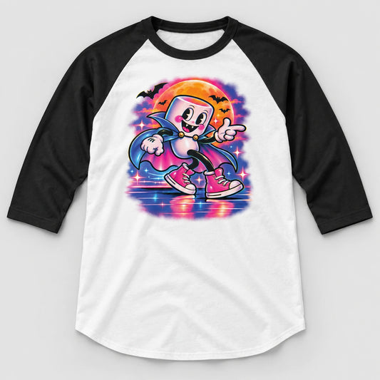 White Moonwalk Mallow raglan shirt with black three-quarter sleeves and neon marshmallow vampire artwork, laid flat on a light gray background.
