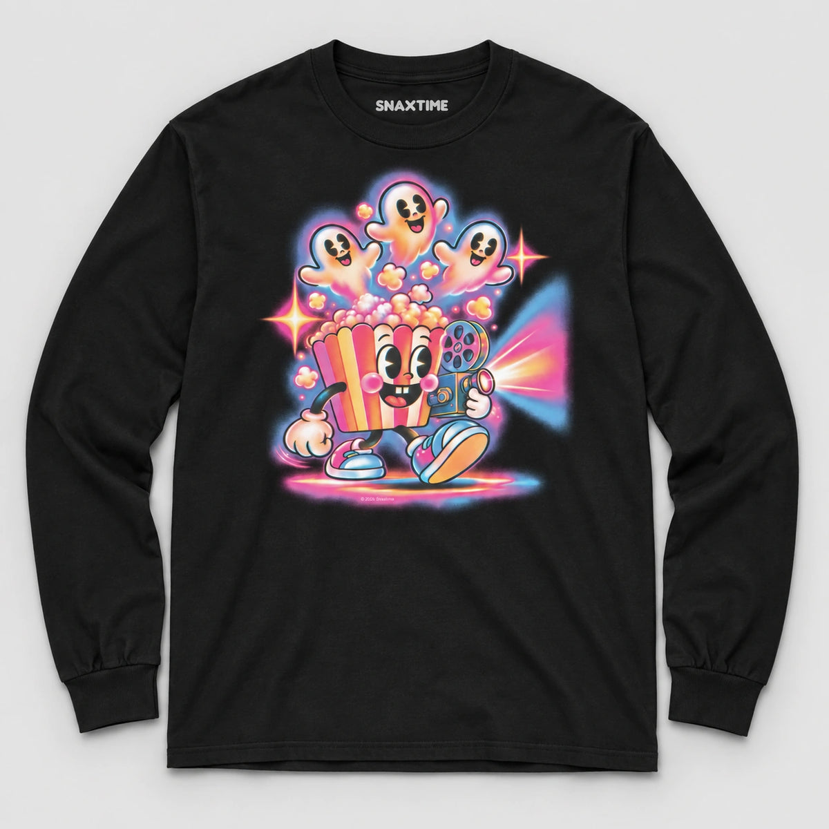Black Movietime long-sleeve shirt with neon popcorn and ghost artwork, laid flat on a light gray background.
