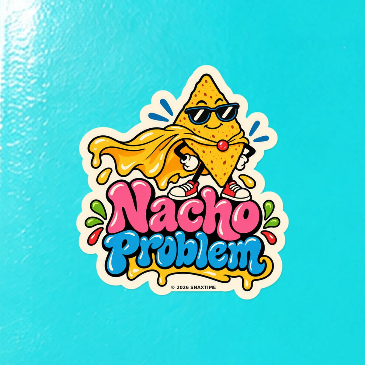 Close-up of the Snaxtime “Nacho Problem” sticker on a skateboard; part of Food Pun Sticker Sheet Set 2.