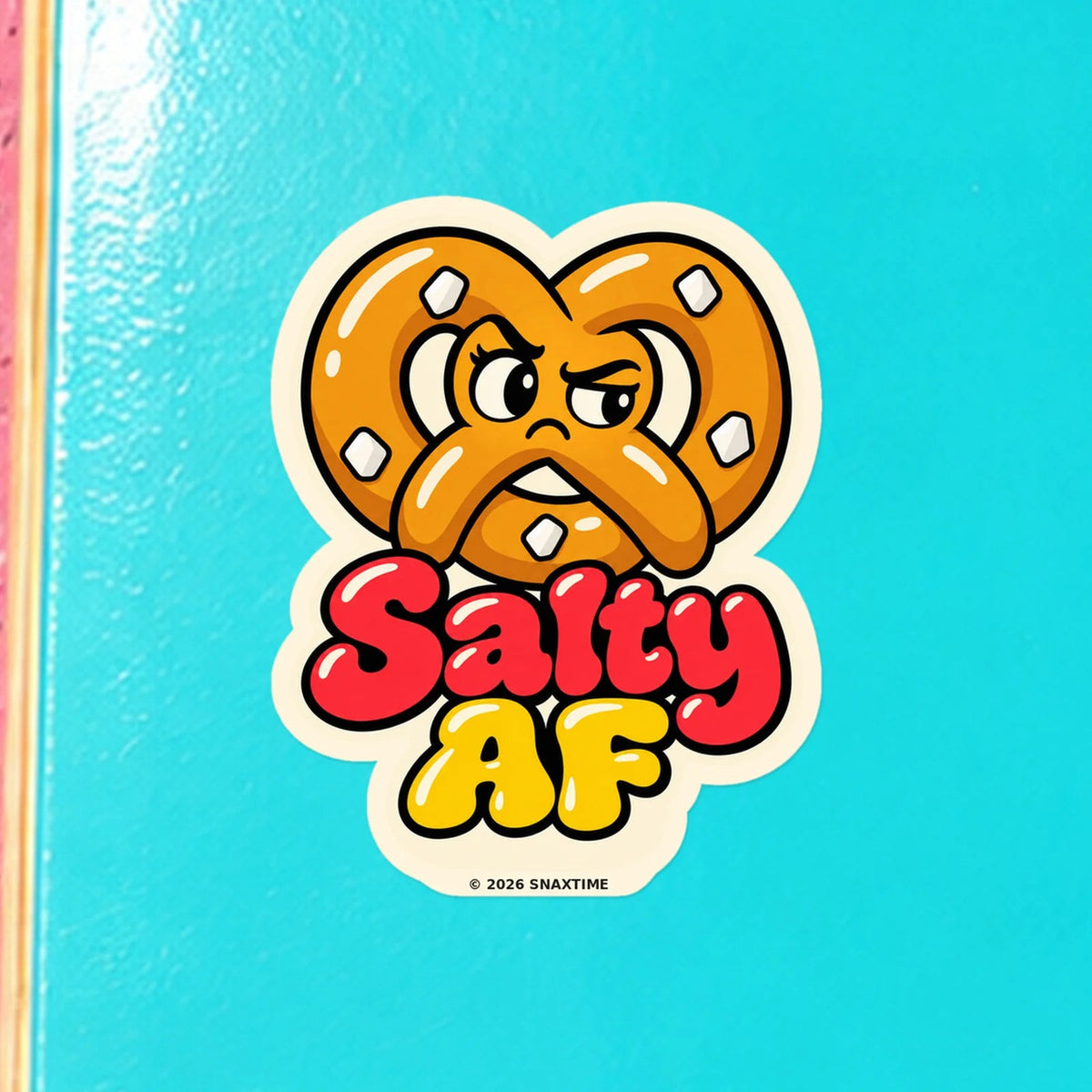 Close-up of the Snaxtime “Salty AF” sticker on a skateboard; part of Food Pun Sticker Sheet Set 3.