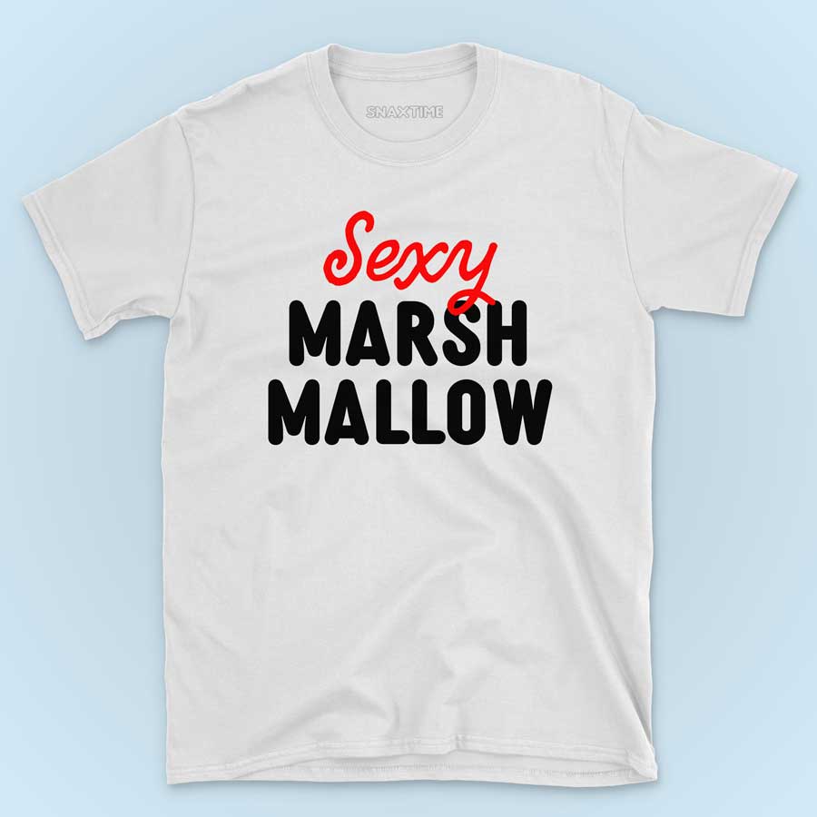 White t-shirt with red cursive 'Sexy' over bold black 'Marsh Mallow' lettering