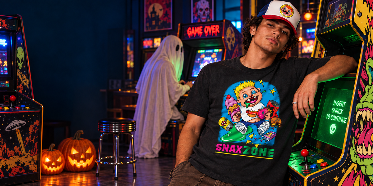 Model wearing the Snax Zone graphic tee in a Halloween arcade