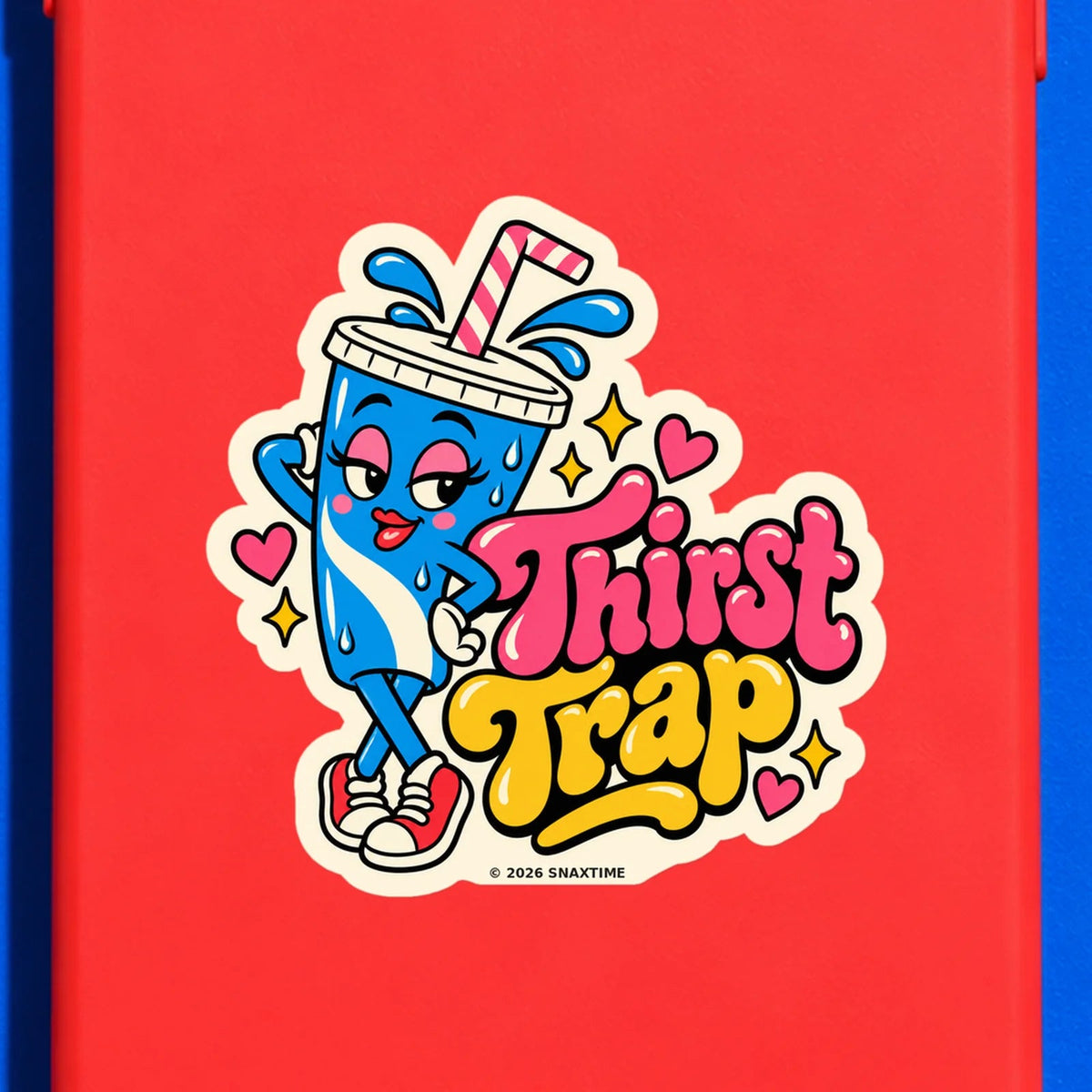 Close-up of the Snaxtime “Thirst Trap” sticker on a phone case; part of Food Pun Sticker Sheet Set 2.