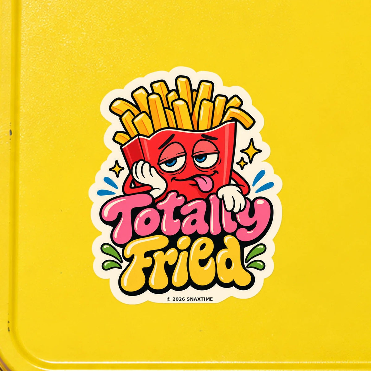 Close-up of the Snaxtime “Totally Fried” sticker on a snack tin; part of Food Pun Sticker Sheet Set 2.