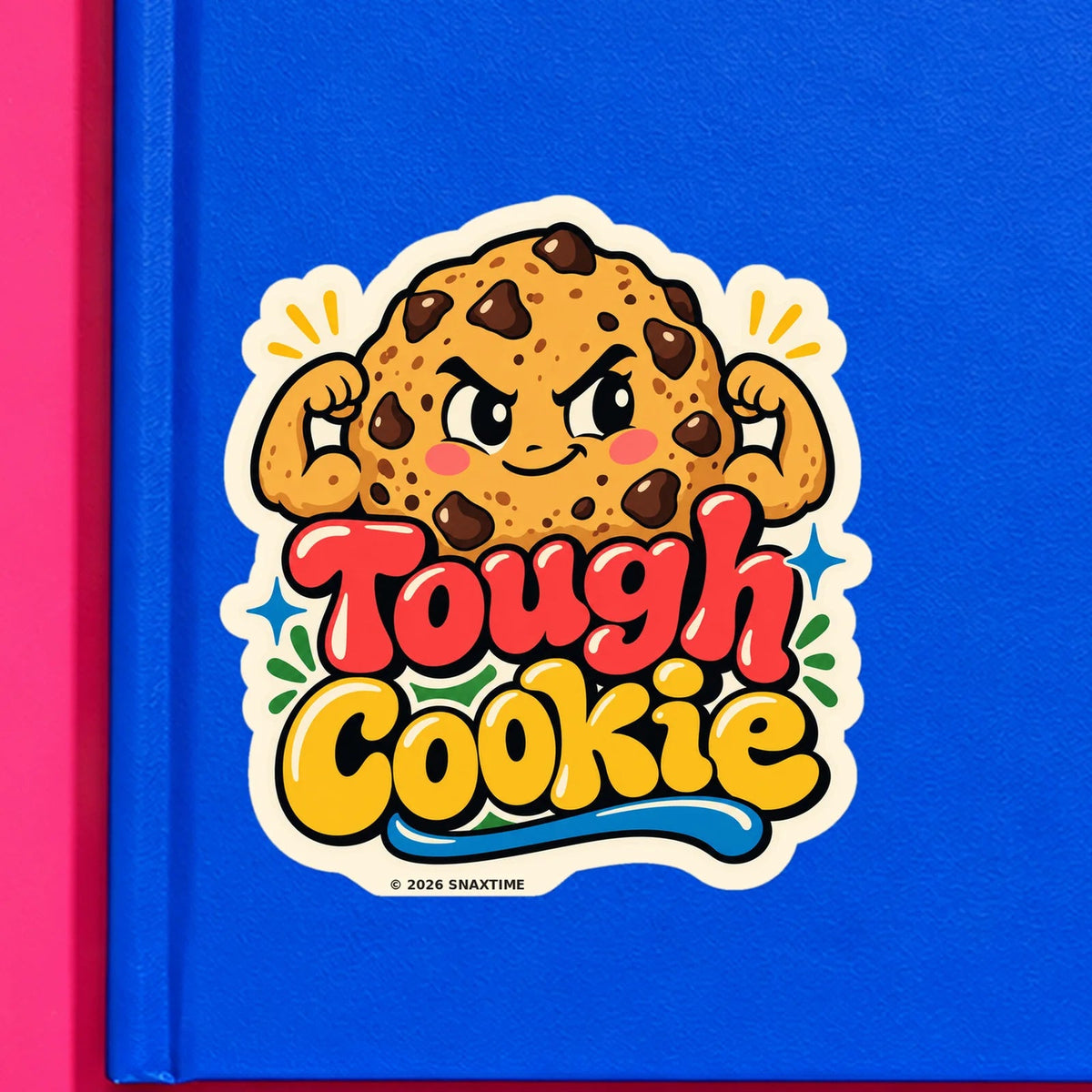Close-up of the Snaxtime “Tough Cookie” sticker on a notebook; part of Food Pun Sticker Sheet Set 3.