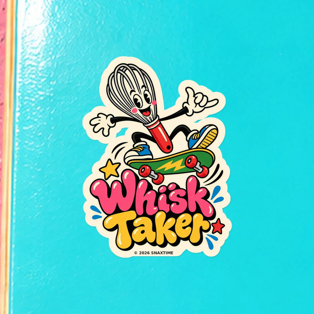 Close-up of the Snaxtime “Whisk Taker” sticker on a skateboard; part of Food Pun Sticker Sheet Set 3.