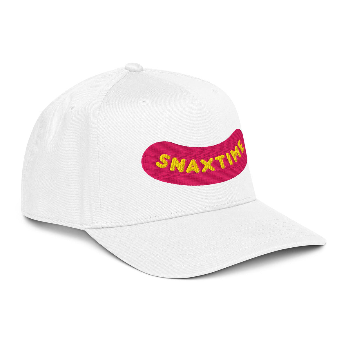 Three-quarter view of the white Snaxtime snapback showing the curved brim and mid-profile structured crown.