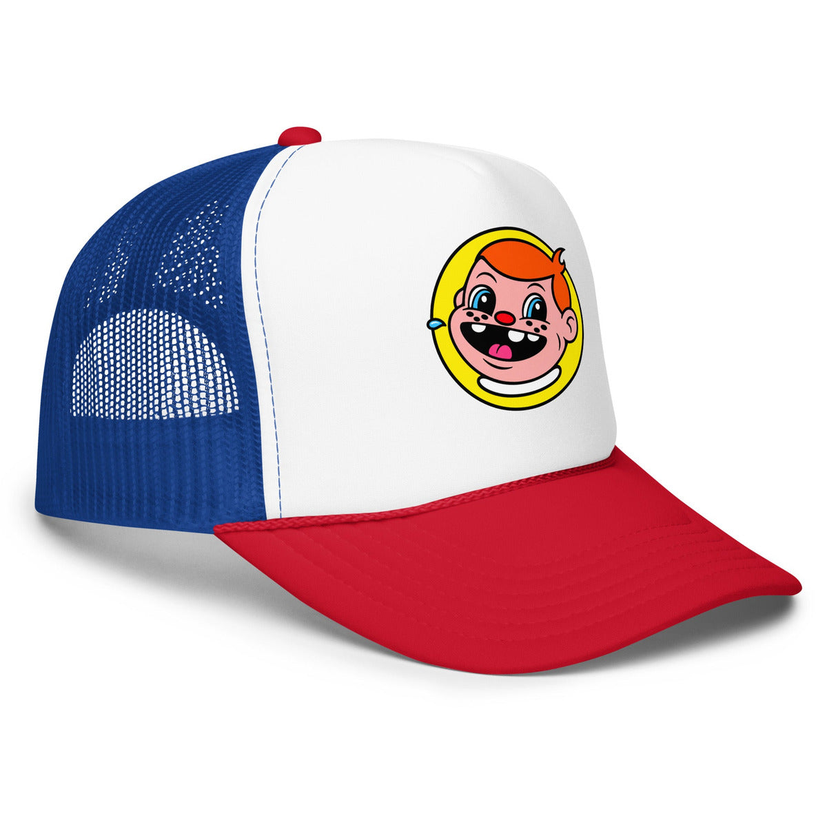 Three-quarter view of the Snaxy foam trucker hat showing the blue mesh side panels, red pre-curved visor and high-profile crown.