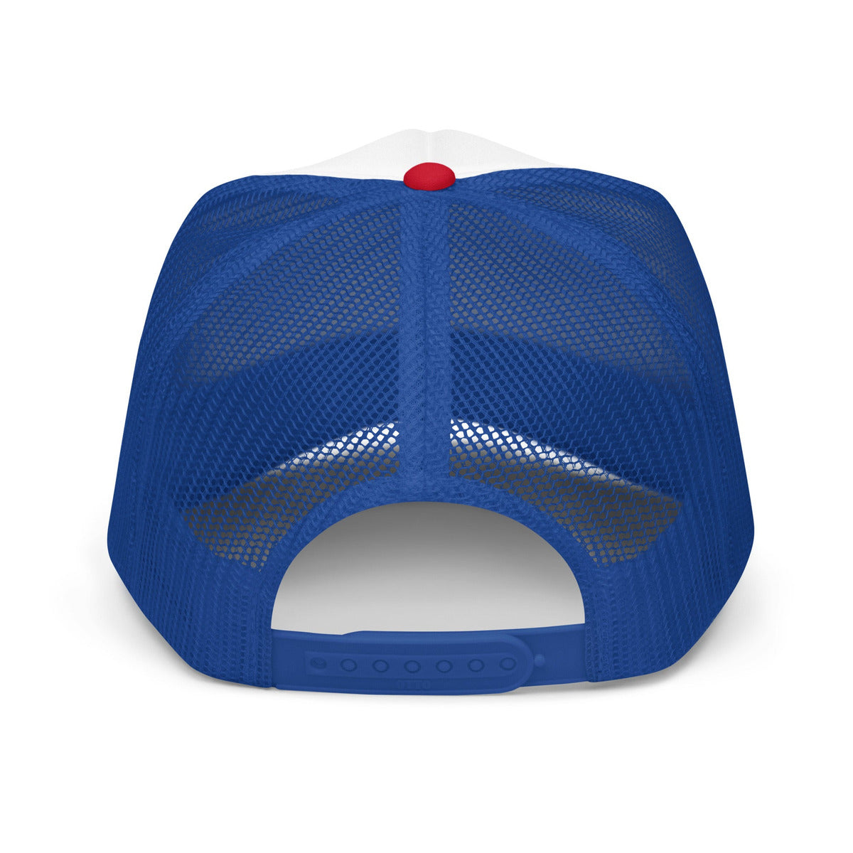 Back view of the Snaxy foam trucker hat showing the royal blue mesh back and adjustable plastic snap closure.