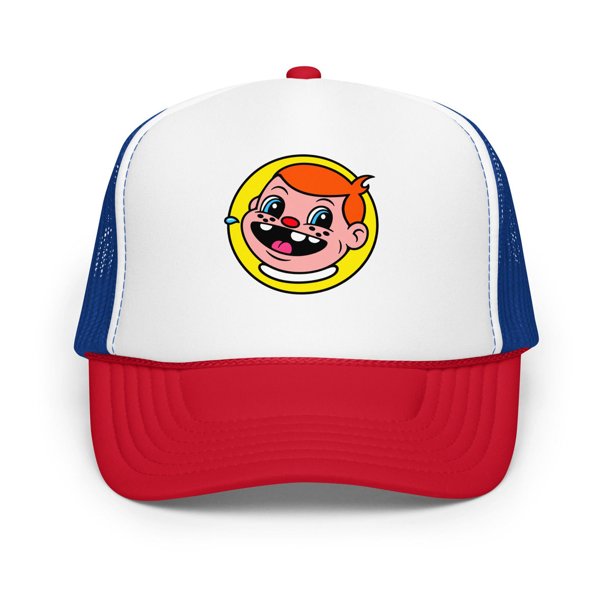 Front view of a red, white and royal blue foam trucker hat with the Snaxy cartoon mascot printed on the white front panel: a grinning red-haired boy's face inside a yellow circle.