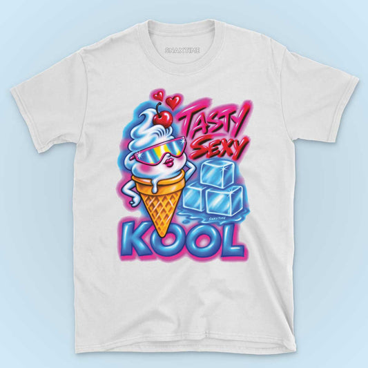 White unisex Snaxtime t-shirt with boardwalk airbrush-style artwork: a soft-serve ice cream cone wearing rainbow sunglasses and red lipstick, a cherry on top, hearts, a stack of ice cubes, and the words Tasty Sexy Kool in pink script and blue bubble letters.
